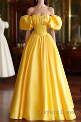 Yellow Satin Short Sleeves Party Dresses, Yellow Satin Evening Prom Dresses Formal Dresses